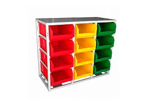 Стеллаж с направляющими V4-12 стационарный, односторонний, 12 ячеек с ящиками